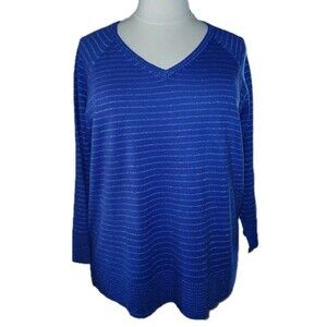 AVENUE Womens 22/24 Silver Metallic Stripe V-Neck Long Sleeve Purple Sweater NWT